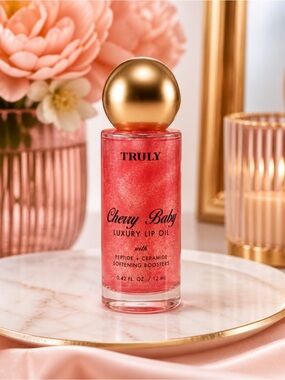 TRULY Cherry Baby Luxury Lip Oil | Hydrating Peptide + Ceramide Gloss 0.42 oz